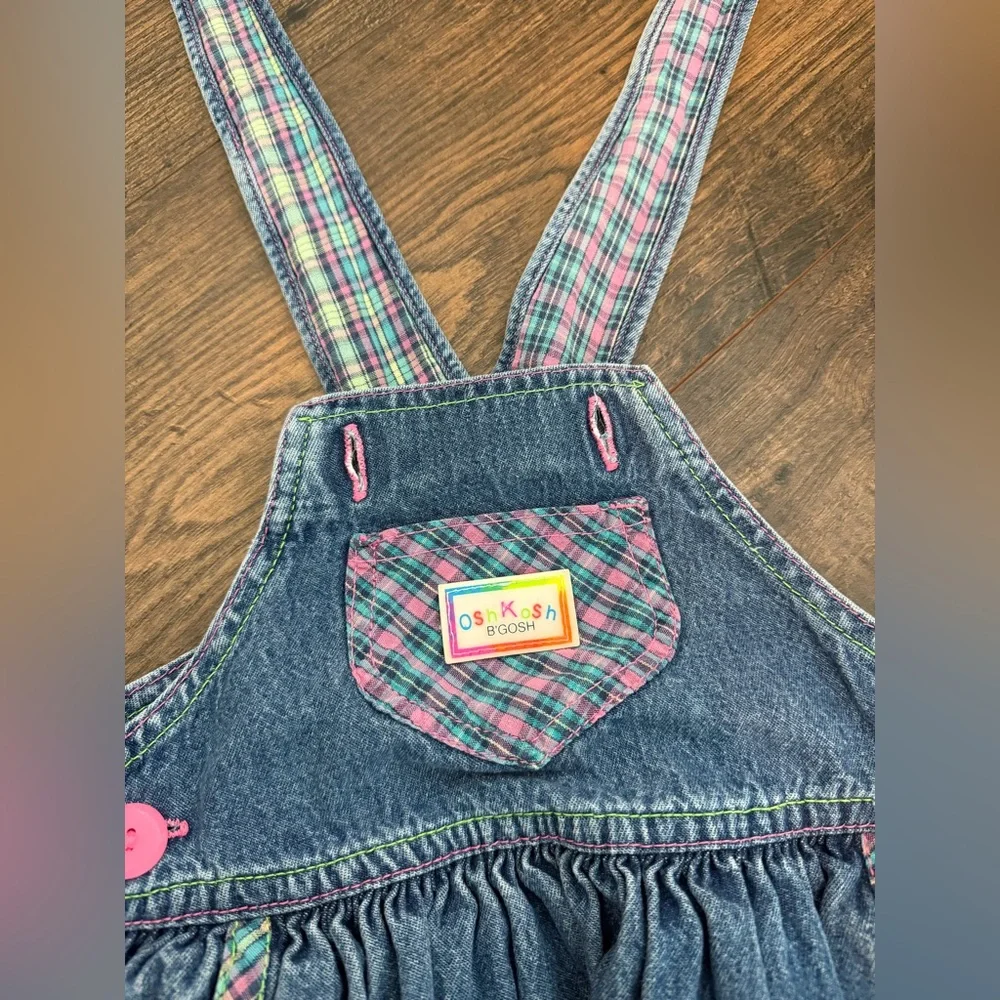 Vintage OshKosh Made in USA Girls Denim Neon Plaid Dress Size 6